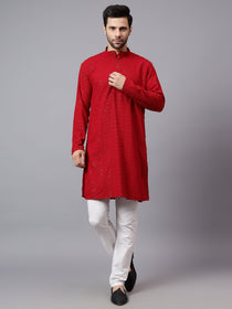 VORA LABEL Men Rayon Schiffli Chikankari Embroidered Long Kurta Set - Red