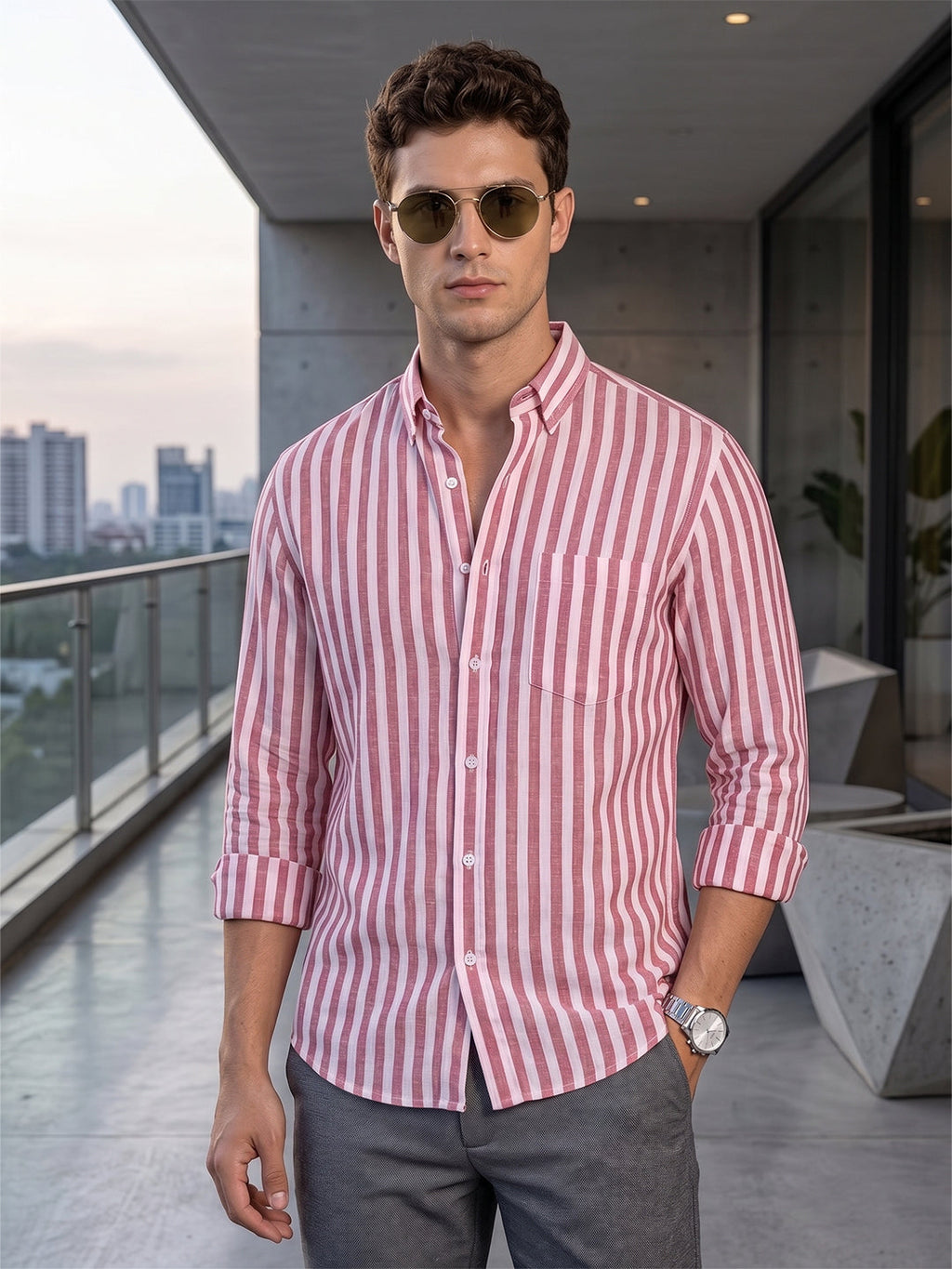 VORA LABEL Men Cotton Striped Regular Fit Casual Shirt - Pink