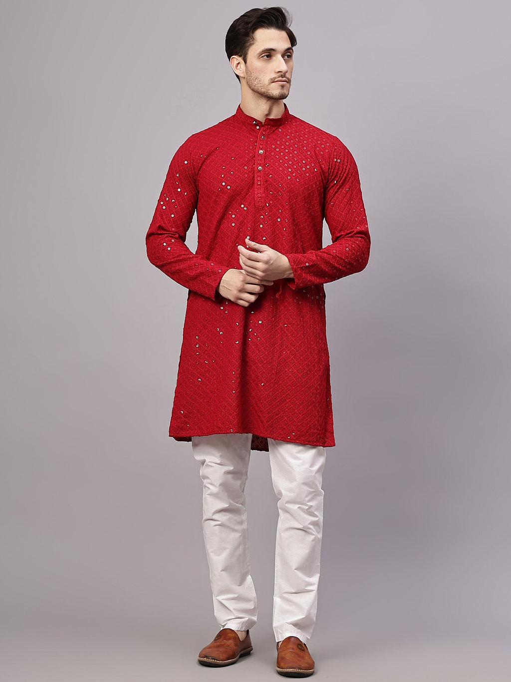 VORA LABEL Men Rayon Schiffli Chikankari Embroidered Long Kurta Set - Yellow