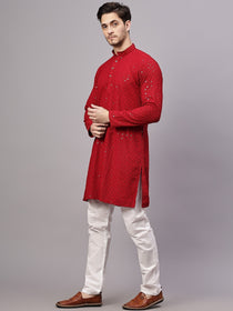 VORA LABEL Men Rayon Schiffli Chikankari Embroidered Long Kurta Set - Yellow