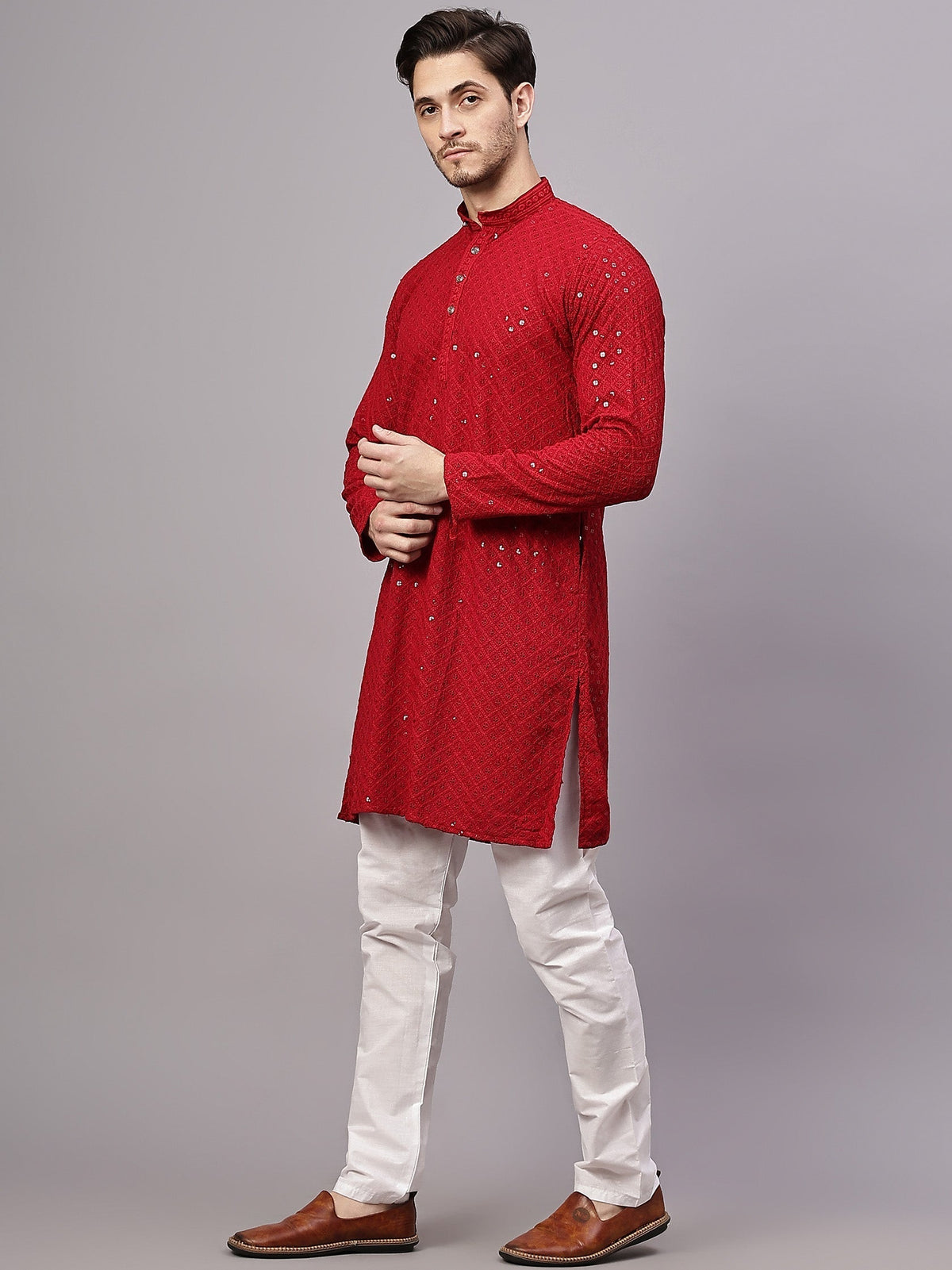 VORA LABEL Men Rayon Schiffli Chikankari Embroidered Long Kurta Set - Yellow