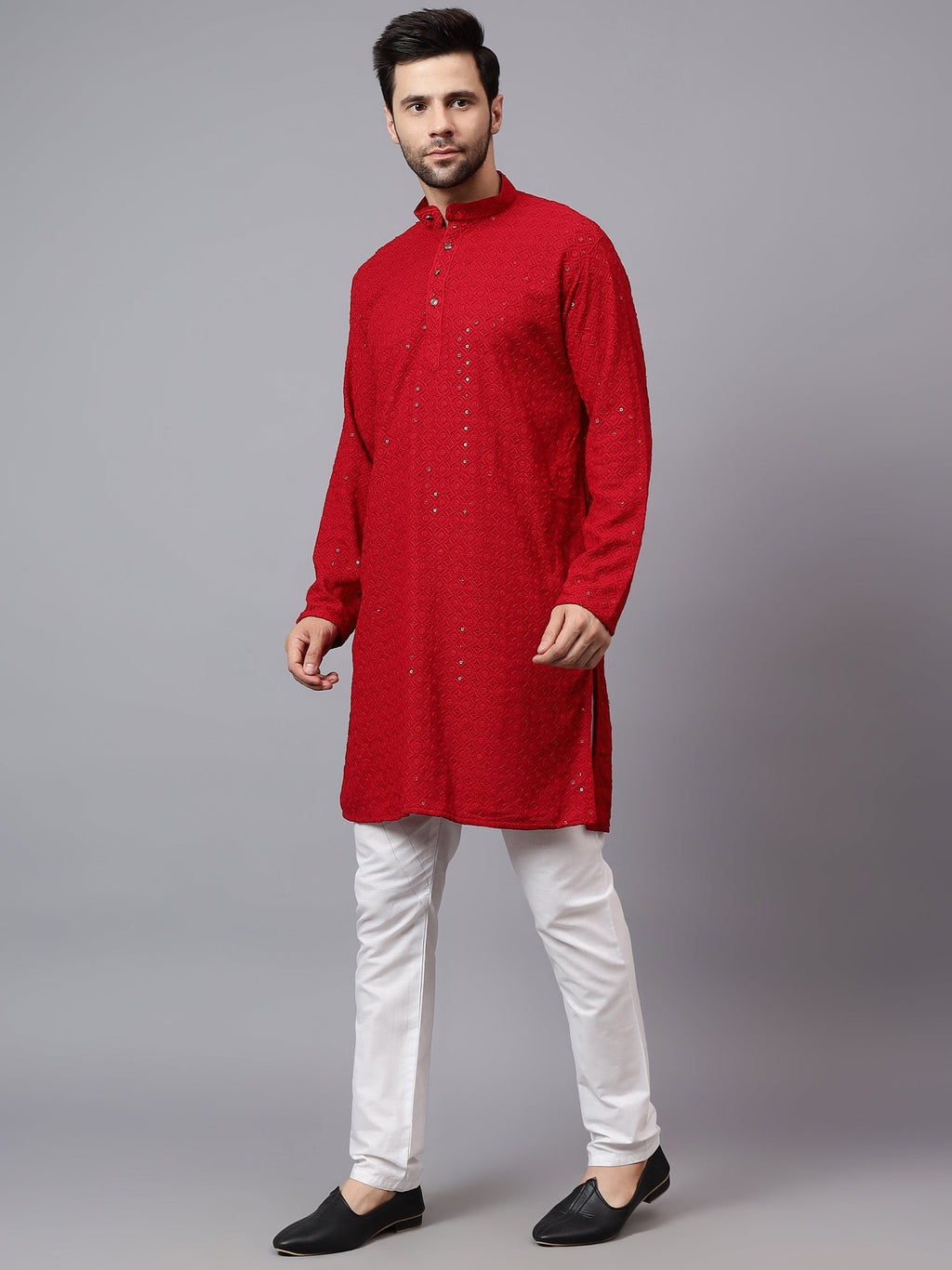 VORA LABEL Men Rayon Schiffli Chikankari Embroidered Long Kurta Set - Red