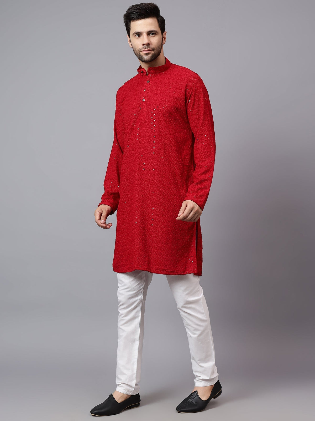 VORA LABEL Men Rayon Schiffli Chikankari Embroidered Long Kurta Set - Red