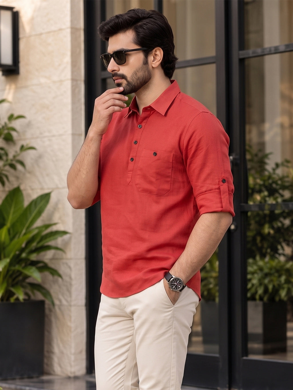 VORA LABEL Men’s Cotton Blend Solid Kurta | Mandarin Collar Full Sleeve Kurta with Pocket | Casual & Festive Wear