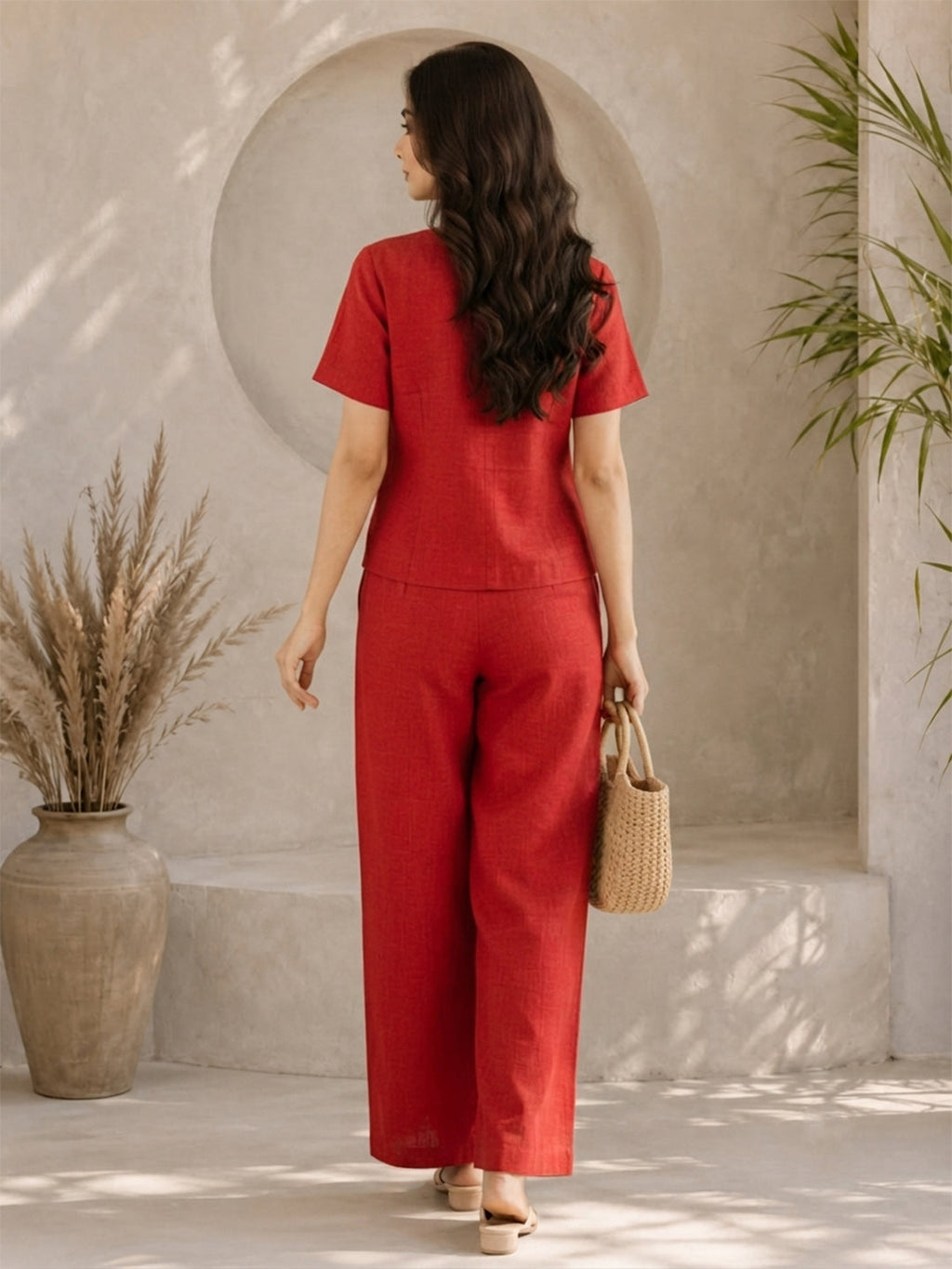 VORA LABEL Women Linen Solid Wide-Leg Co-ord Set - Red