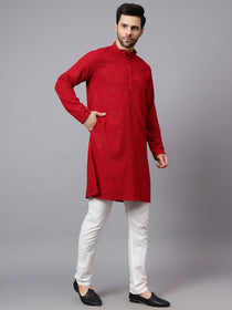 VORA LABEL Men Rayon Schiffli Chikankari Embroidered Long Kurta Set - Red
