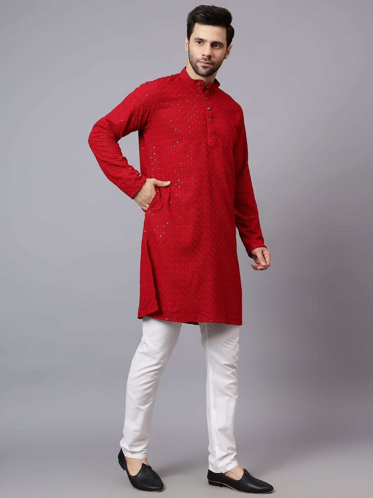 VORA LABEL Men Rayon Schiffli Chikankari Embroidered Long Kurta Set - Red