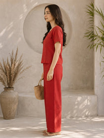 VORA LABEL Women Linen Solid Wide-Leg Co-ord Set - Red