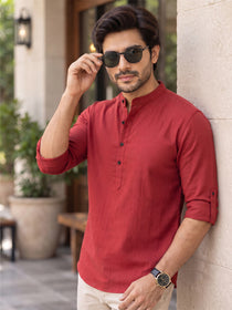 VORA LABEL Men’s Cotton Blend Solid Kurta | Mandarin Collar Full Sleeve Kurta | Casual & Festive Wear