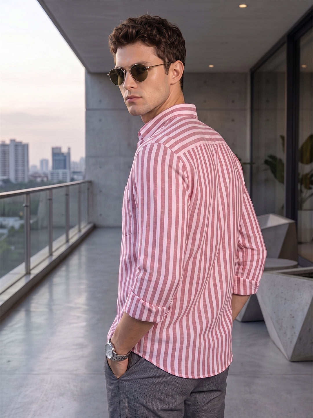 VORA LABEL Men Cotton Striped Regular Fit Casual Shirt - Pink