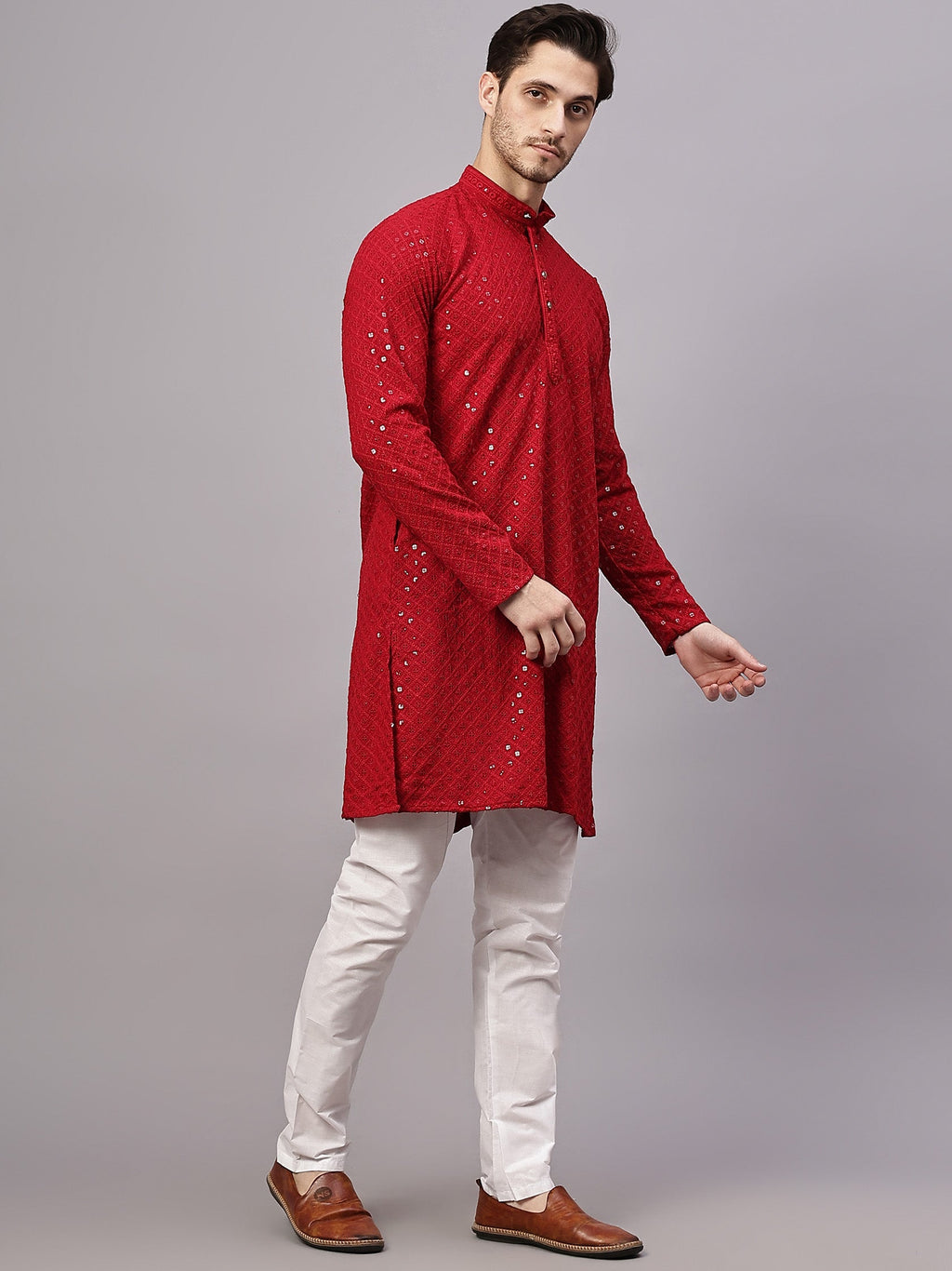 VORA LABEL Men Rayon Schiffli Chikankari Embroidered Long Kurta Set - Yellow