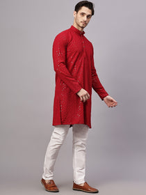 VORA LABEL Men Rayon Schiffli Chikankari Embroidered Long Kurta Set - Yellow