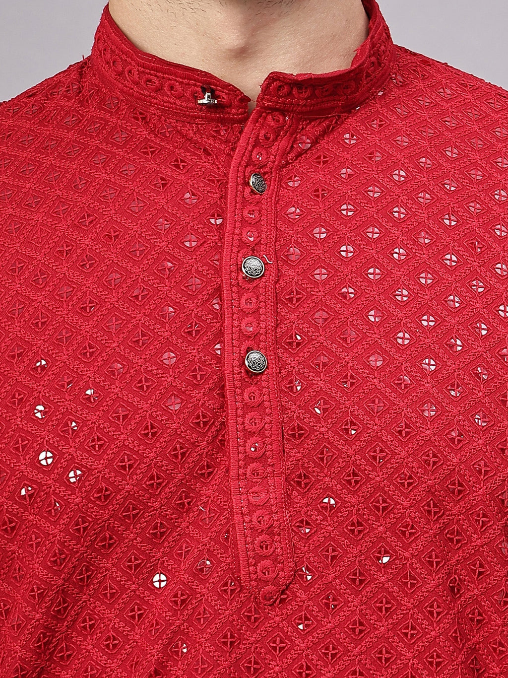 VORA LABEL Men Rayon Schiffli Chikankari Embroidered Long Kurta Set - Yellow