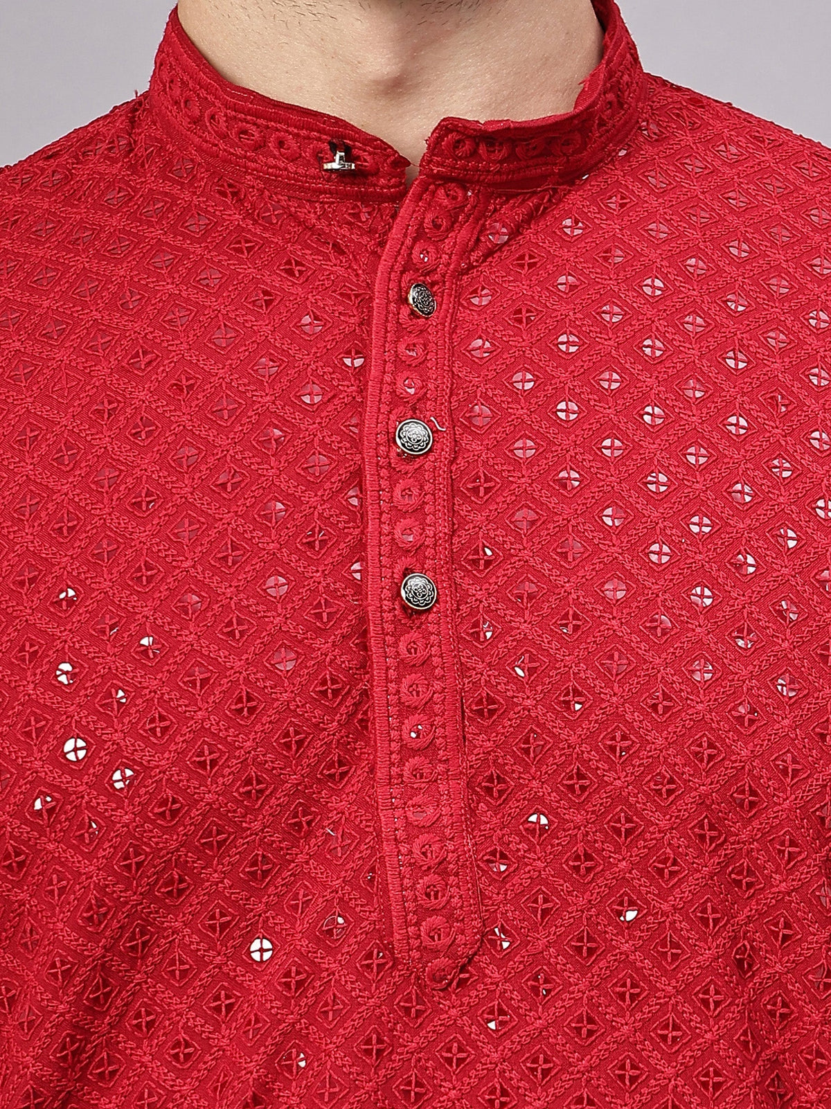 VORA LABEL Men Rayon Schiffli Chikankari Embroidered Long Kurta Set - Yellow