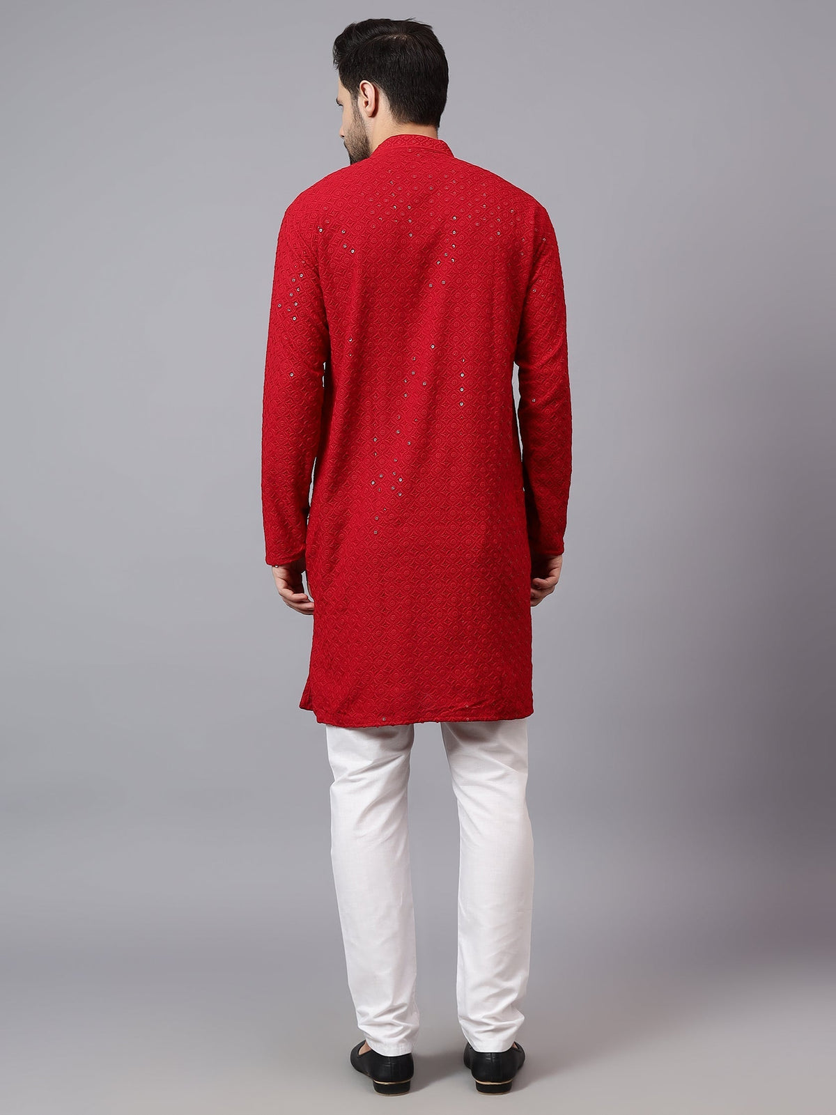 VORA LABEL Men Rayon Schiffli Chikankari Embroidered Long Kurta Set - Red