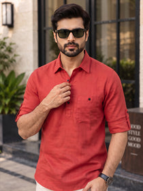 VORA LABEL Men’s Cotton Blend Solid Kurta | Mandarin Collar Full Sleeve Kurta with Pocket | Casual & Festive Wear