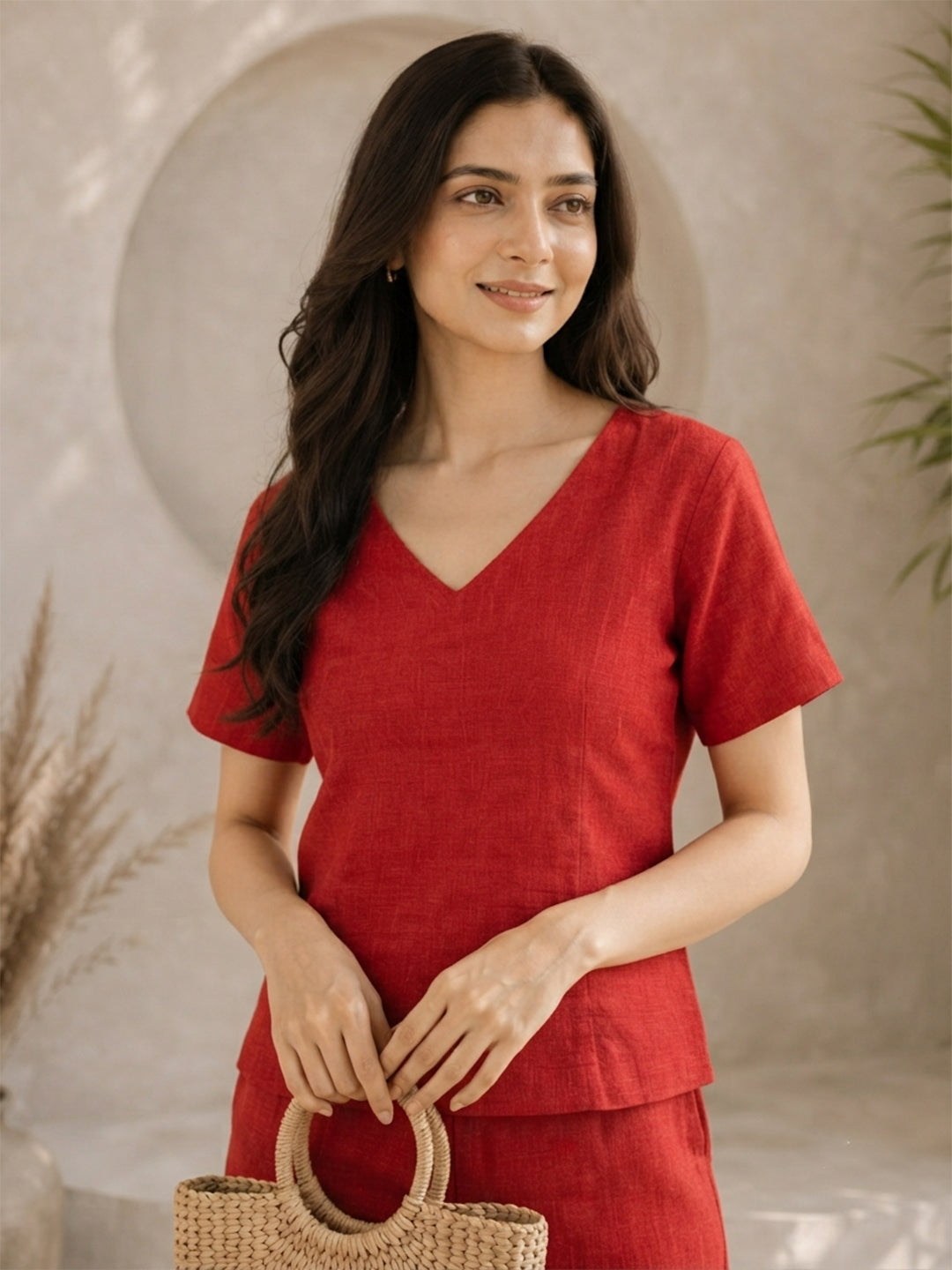 VORA LABEL Women Linen Solid Wide-Leg Co-ord Set - Red