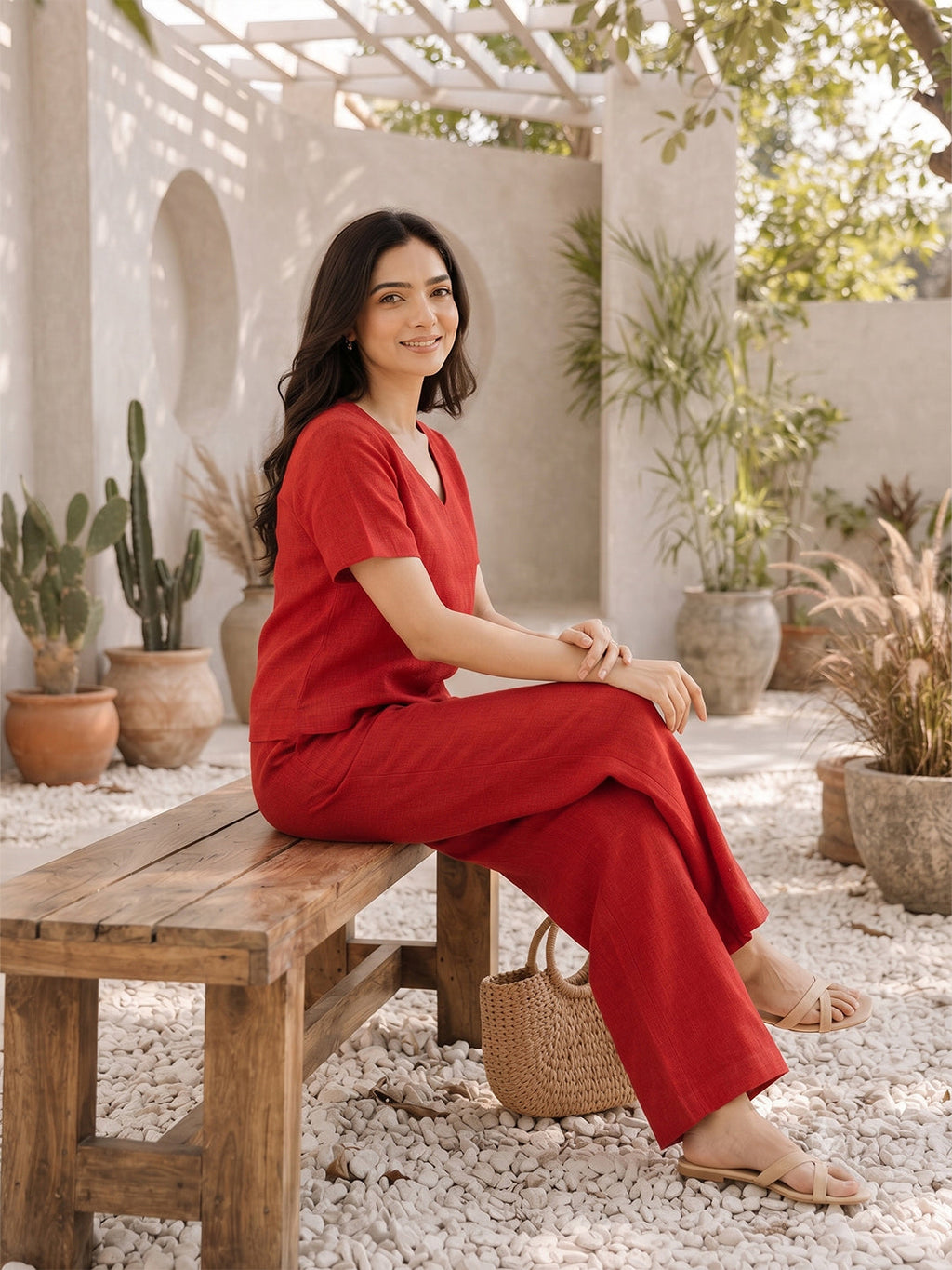 VORA LABEL Women Linen Solid Wide-Leg Co-ord Set - Red