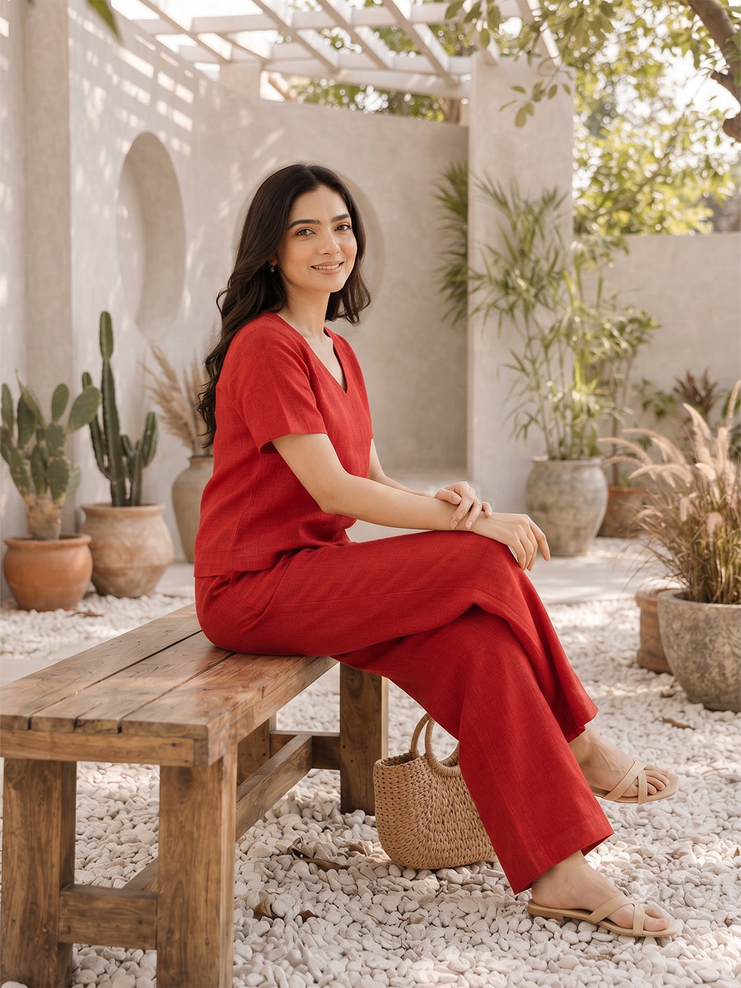 VORA LABEL Women Linen Solid Wide-Leg Co-ord Set - Red