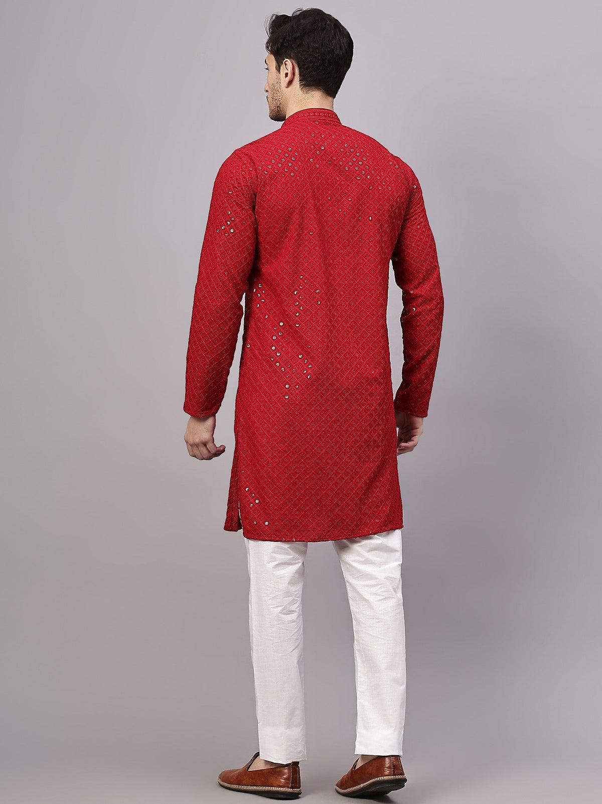 VORA LABEL Men Rayon Schiffli Chikankari Embroidered Long Kurta Set - Yellow