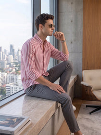VORA LABEL Men Cotton Striped Regular Fit Casual Shirt - Pink