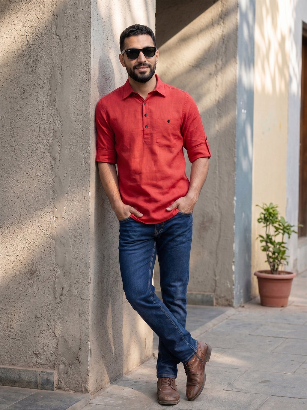 VORA LABEL Men’s Cotton Blend Solid Kurta | Mandarin Collar Full Sleeve Kurta with Pocket | Casual & Festive Wear