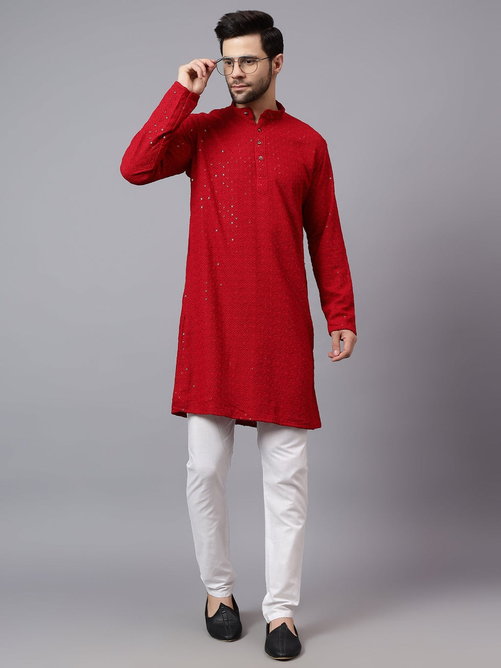 VORA LABEL Men Rayon Schiffli Chikankari Embroidered Long Kurta Set - Red