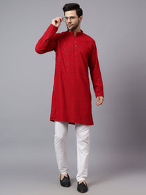 VORA LABEL Men Rayon Schiffli Chikankari Embroidered Long Kurta Set - Red