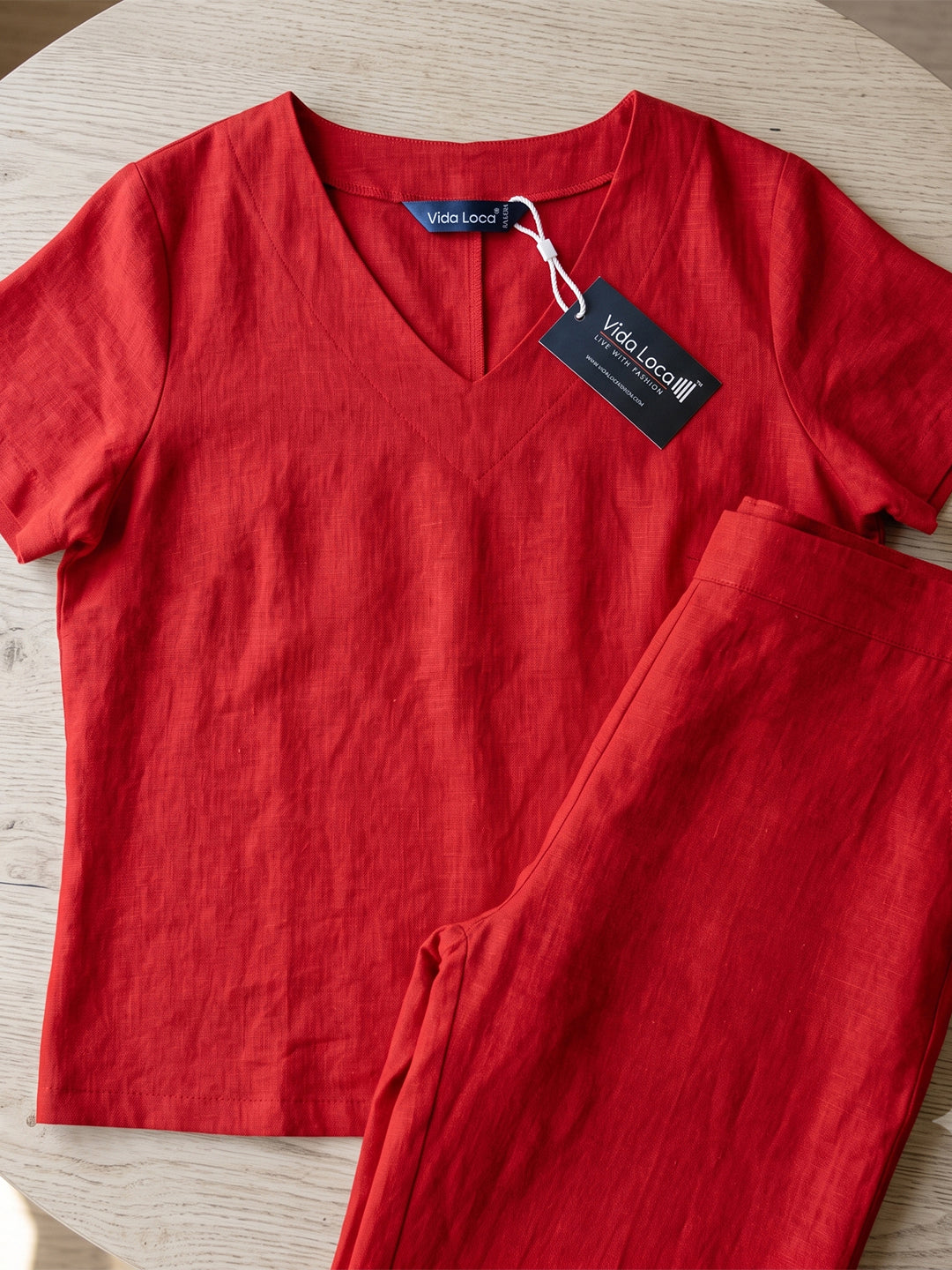 VORA LABEL Women Linen Solid Wide-Leg Co-ord Set - Red