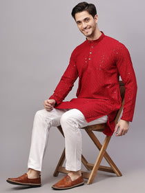 VORA LABEL Men Rayon Schiffli Chikankari Embroidered Long Kurta Set - Yellow