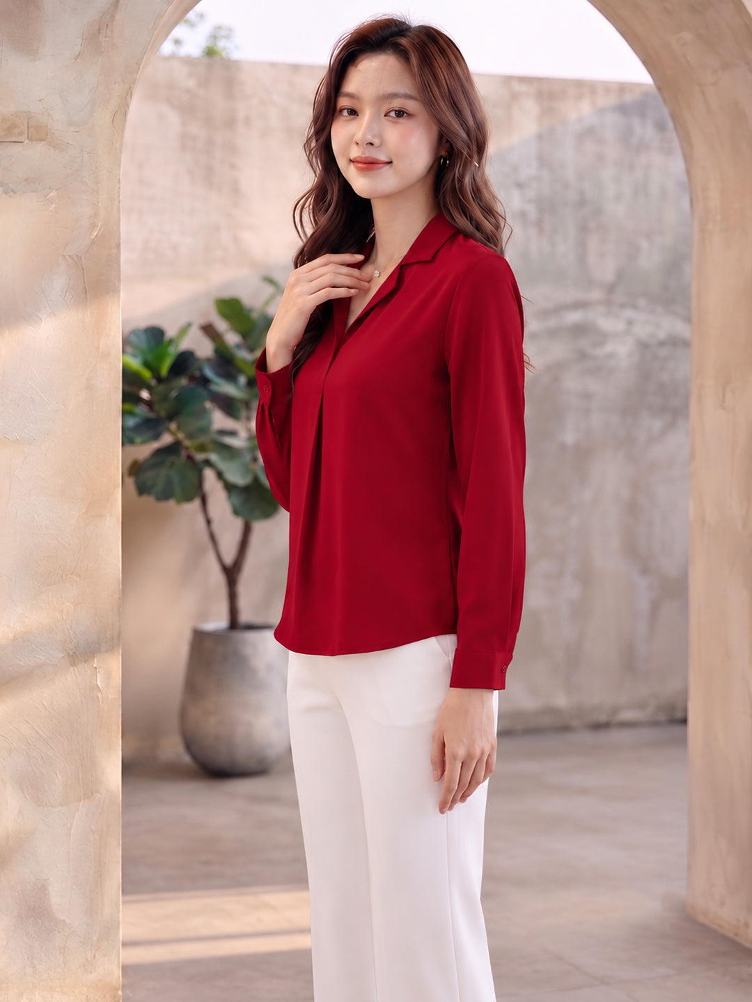 VORA LABEL Women's Red Crepe Shirt | Elegant Full Sleeve Formal & Casual Wear Top