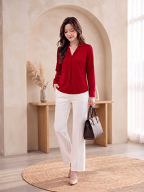 VORA LABEL Women's Red Crepe Shirt | Elegant Full Sleeve Formal & Casual Wear Top