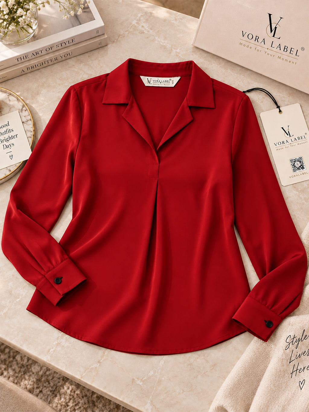 VORA LABEL Women's Red Crepe Shirt | Elegant Full Sleeve Formal & Casual Wear Top