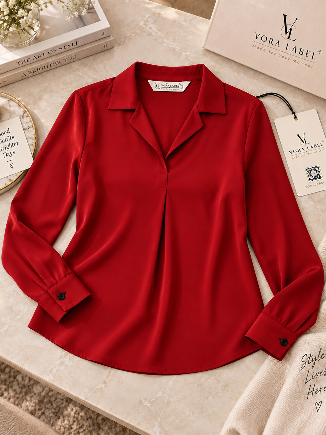 VORA LABEL Women's Red Crepe Shirt | Elegant Full Sleeve Formal & Casual Wear Top