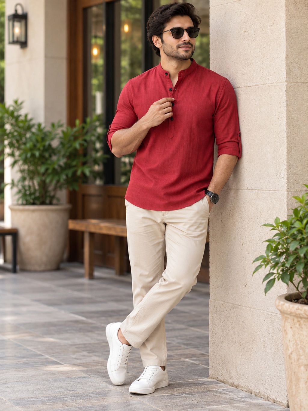 VORA LABEL Men’s Cotton Blend Solid Kurta | Mandarin Collar Full Sleeve Kurta | Casual & Festive Wear