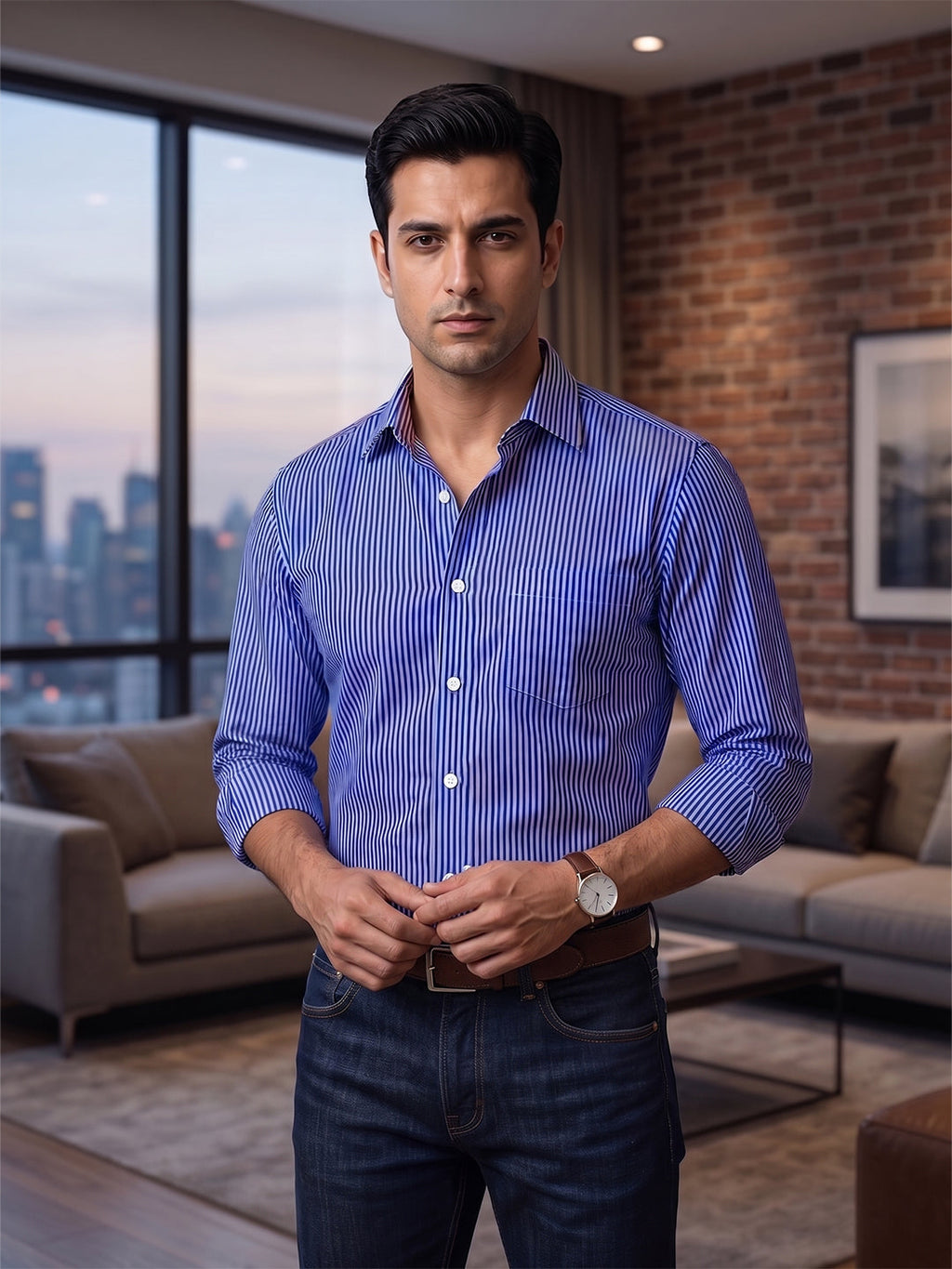 VORA LABEL Men Cotton Striped Regular Fit Casual Shirt - Royal Blue