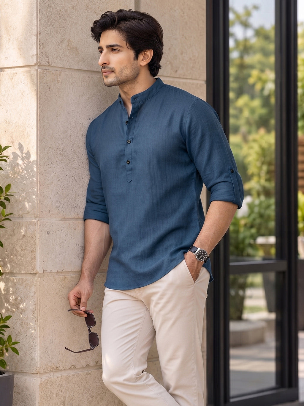 VORA LABEL Men’s Cotton Blend Solid Kurta | Mandarin Collar Full Sleeve Kurta | Casual & Festive Wear
