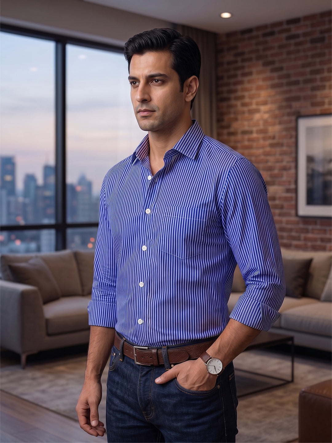 VORA LABEL Men Cotton Striped Regular Fit Casual Shirt - Royal Blue