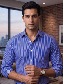 VORA LABEL Men Cotton Striped Regular Fit Casual Shirt - Royal Blue