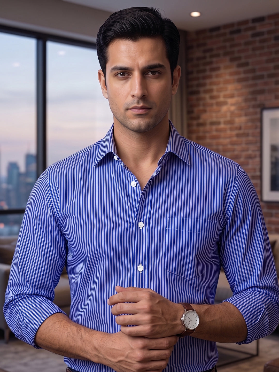 VORA LABEL Men Cotton Striped Regular Fit Casual Shirt - Royal Blue