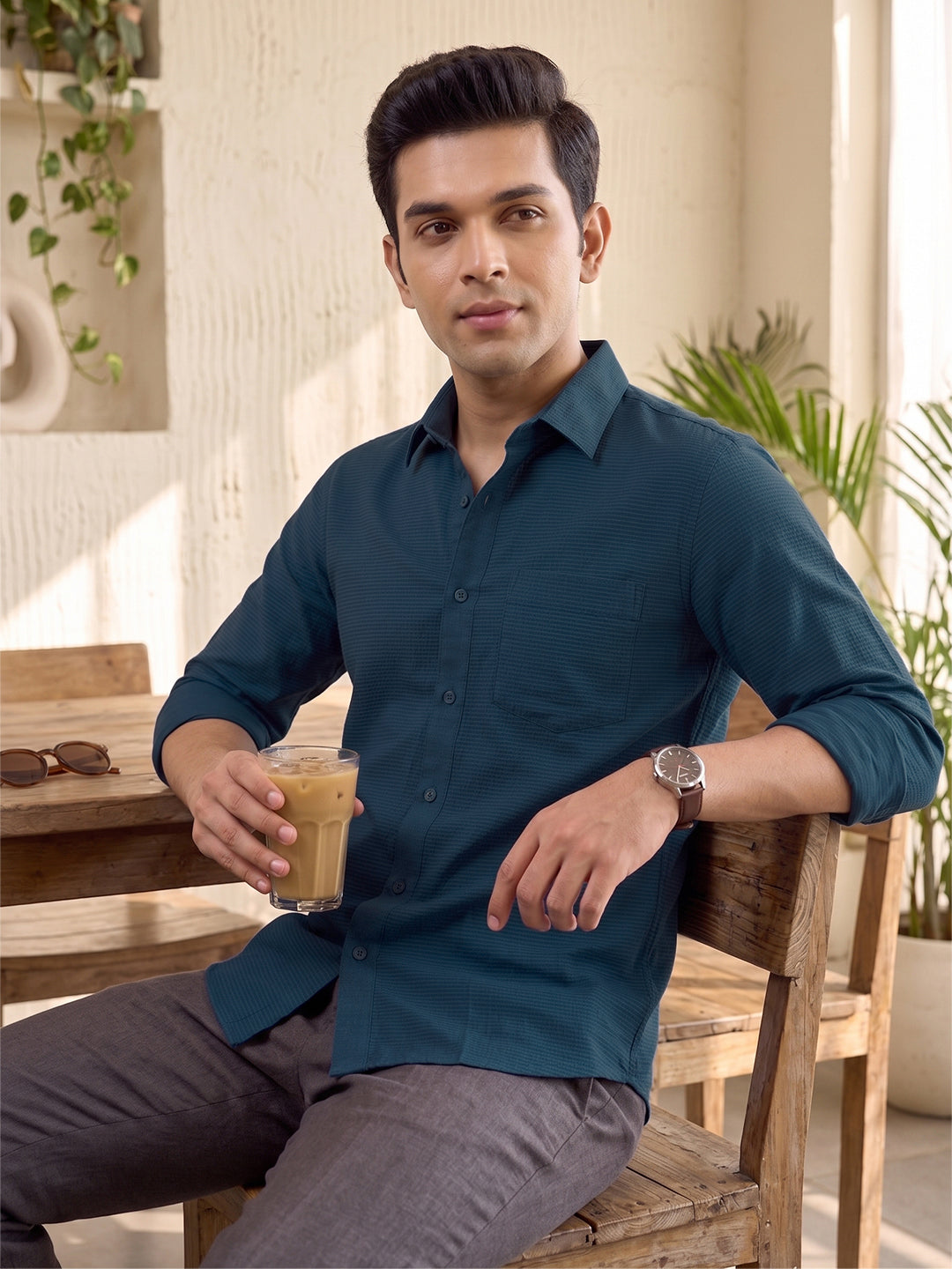 VORA LABEL Men Cotton Solid Regular Fit Casual Shirt - Royal Blue