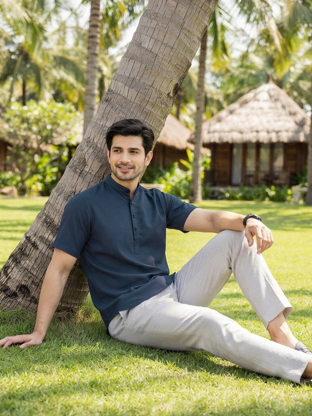 VORA LABEL Men’s Cotton Blend Mandarin Collar Half Kurta | Short Sleeve Solid Casual Wear
