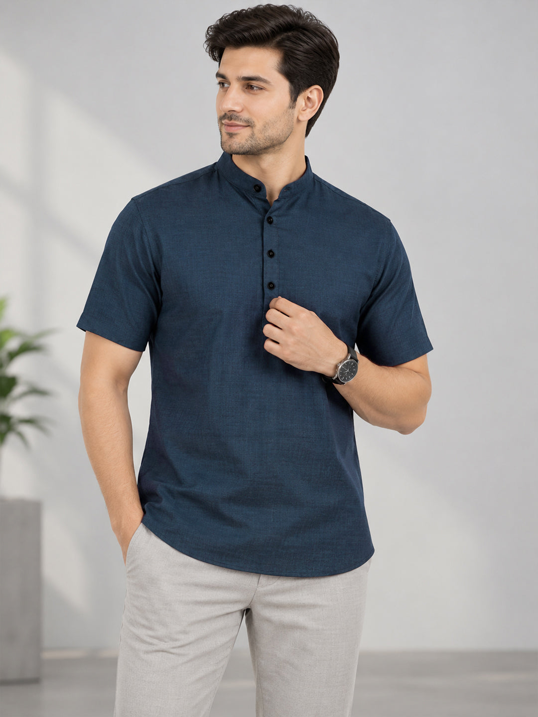 VORA LABEL Men’s Cotton Blend Mandarin Collar Half Kurta | Short Sleeve Solid Casual Wear