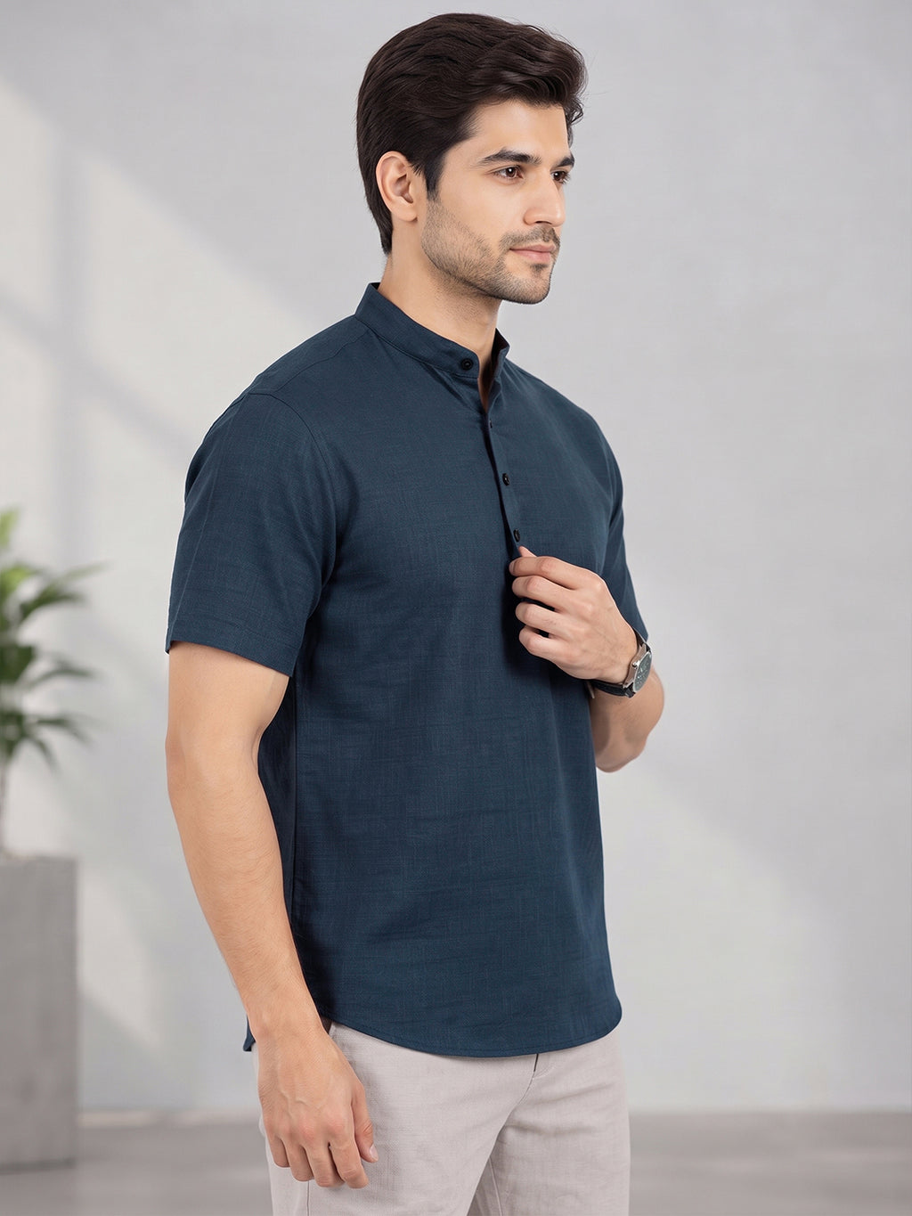 VORA LABEL Men’s Cotton Blend Mandarin Collar Half Kurta | Short Sleeve Solid Casual Wear
