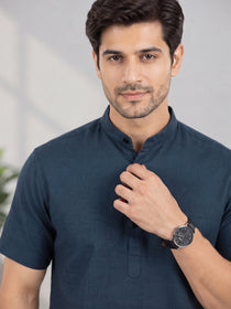 VORA LABEL Men’s Cotton Blend Mandarin Collar Half Kurta | Short Sleeve Solid Casual Wear