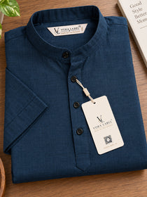 VORA LABEL Men’s Cotton Blend Mandarin Collar Half Kurta | Short Sleeve Solid Casual Wear