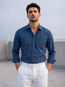 VORA LABEL Men Cotton Checked Regular Fit Casual Shirt - Royal Blue