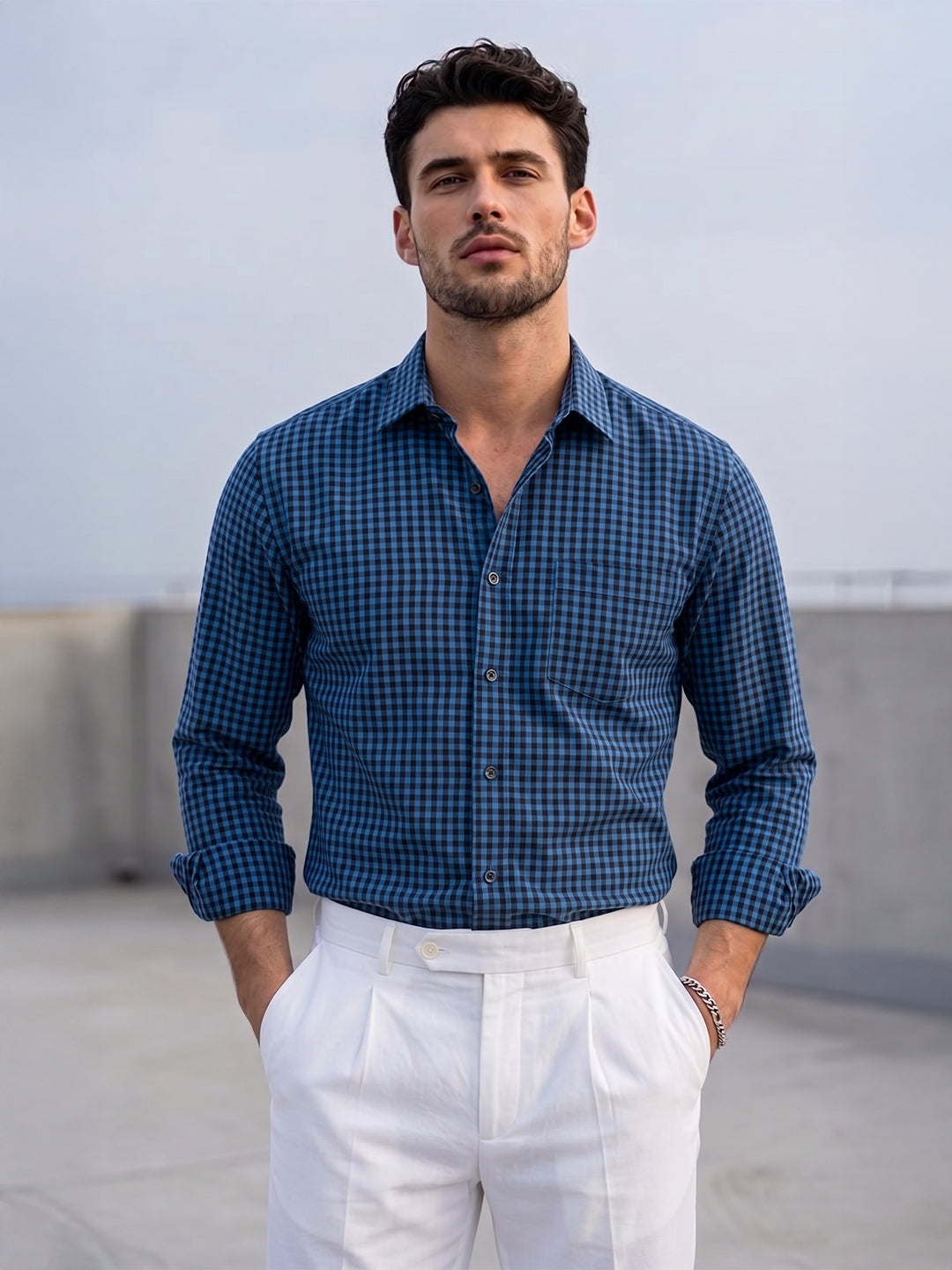 VORA LABEL Men Cotton Checked Regular Fit Casual Shirt - Royal Blue