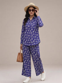 VORA LABEL Women Viscose Rayon Floral Printed Regular Fit Co-ord Set - Royal Blue