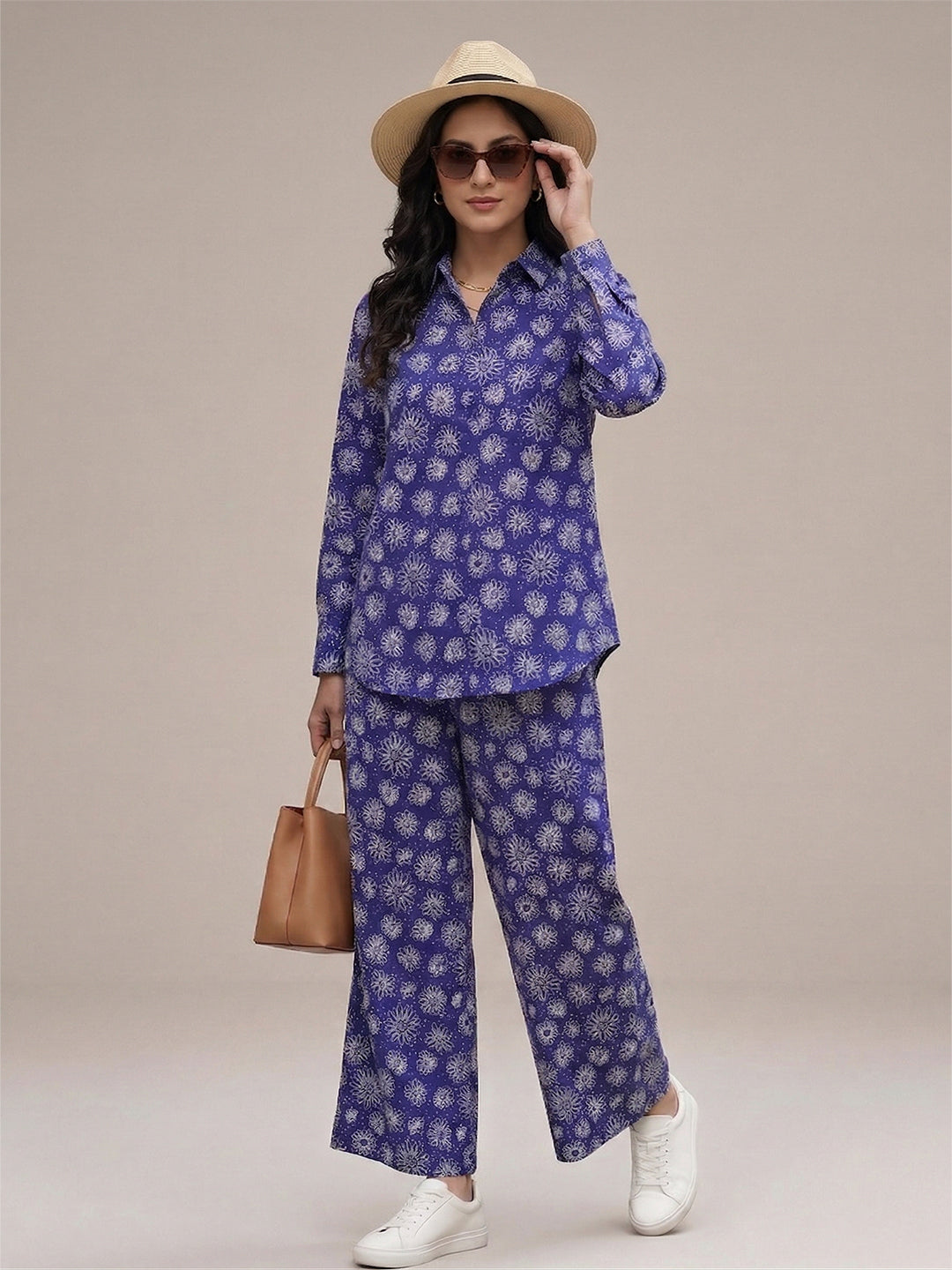 VORA LABEL Women Viscose Rayon Floral Printed Regular Fit Co-ord Set - Royal Blue